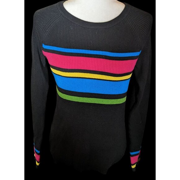 IZ Byer Black Knit Top With Vibrant Stripe Accents - Picture 1 of 3